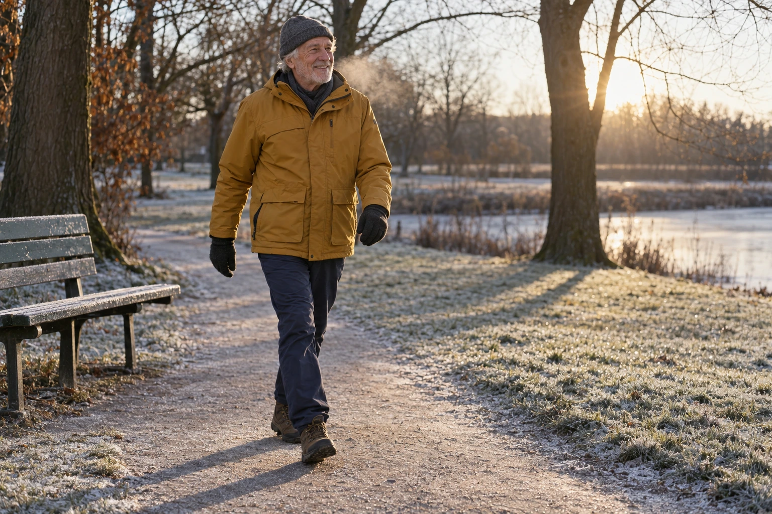 Älterer Mann in gelber Winterjacke spaziert bei tief stehender Wintersonne durch einen frostigen Park